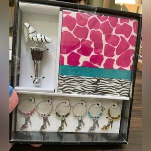 Wine Glass High Heel Shoes Charms /Bottle Stopper & Cocktail Napkins Set NWOT